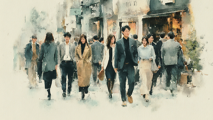 JPG 라이프스타일 여자 남자 일러스트 수채화 거리 정장 여러명 일상 친구 걷기 상점 비즈니스맨 비즈니스우먼 군중 혼잡 소통 스타일 국내일러스트 AI일러스트 AI콘텐츠 옷 다수 컨셉 비즈니스 관계 모션 사람 라이프 생활 직장인 파일형식