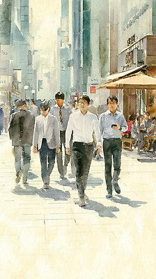 JPG 여자 남자 일러스트 수채화 거리 직장 서울 풍경 정장 여러명 일상 걷기 상점 업무 비즈니스맨 비즈니스우먼 도심 군중 혼잡 국내일러스트 AI일러스트 AI콘텐츠 옷 다수 회사 비즈니스 모션 한국 사람 라이프 도시 작업 직장인 파일형식