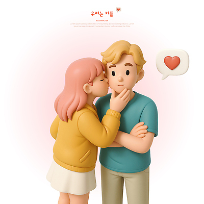PSD 편집이미지 디자인 커플 여자 남자 행복 분홍색 말풍선 키스 사랑 성인 두명 팔짱 귀여움 눈감음 하트 잡기 메시지 열정 연애 소통 설렘 성격 편집3D 모양 감정 컬러 컨셉 관계 모션 사람 3D 애정표현 파일형식