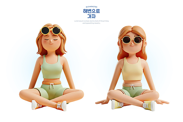 전신 PSD 편집이미지 여자 수영복 여유 요가 휴가 휴식 3D캐릭터 미소 앉기 두명 여름 청춘 선글라스 3D 편안함 손짚기 여자만 아사나자세 편집3D 캐릭터 웰빙 옷 계절 감정 안경 컨셉 모션 표정 사람 손짓 요가자세 감각 디지털합성 파일형식