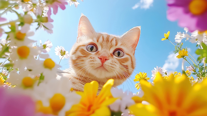JPG 동물 편집이미지 한마리 로우앵글 꽃밭 자연 하늘 사람없음 여름 반려동물 햇빛 귀여움 정원 고양이 즐거움 호기심 향기 화사함 감성 내려보기 편집실사 AI포토 AI콘텐츠 1 계절 꽃 감정 뷰포인트 컨셉 포유류 모션 태양 CG 생태계 냄새 파일형식