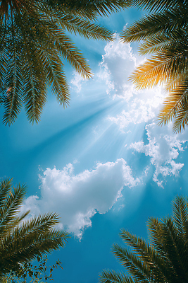 JPG 구름 편집이미지 여유 로우앵글 여행 잎 자연 하늘 따뜻함 사람없음 파란색 여름휴가 야자수 햇빛 평화 맑음 감성 야자수잎 편집실사 AI포토 AI콘텐츠 자연요소 나무 식물 감정 뷰포인트 컬러 컨셉 날씨 휴가 태양 CG 생태계 파일형식 여름_계절