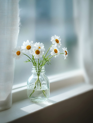 JPG 식물 편집이미지 여유 자연 밝음 사람없음 장식 여름 인테리어 햇빛 꽃병 신선 창가 데이지 감성 편집실사 AI포토 AI콘텐츠 디자인 계절 꽃 감정 컨셉 창문 태양 CG 생태계 파일형식