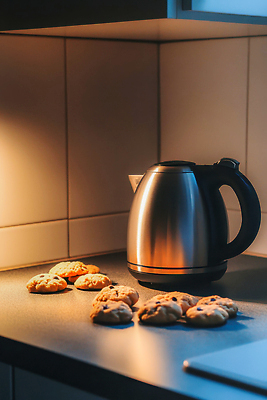 JPG 편집이미지 여유 야경 가정 집안 따뜻함 사람없음 빛 쿠키 주방 분위기 차 저녁 스테인레스 타일벽 편집실사 AI포토 AI콘텐츠 감정 음료 벽 컨셉 디저트 실내 야간 CG 파일형식 풍경_경치