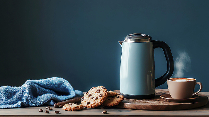JPG 편집이미지 여유 커피 가정 탁자 주전자 따뜻함 사람없음 수건 쿠키 주방 원두 수증기 커피잔 남색 천 나무도마 편집실사 AI포토 AI콘텐츠 감정 음료 컬러 가구 주방용품 디저트 잔 도마 목재 위생용품 직물 CG 파일형식