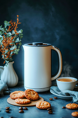 JPG 편집이미지 여유 가정 탁자 주전자 따뜻함 사람없음 쿠키 꽃병 원두 차 커피잔 남색 전기포트 편집실사 AI포토 AI콘텐츠 꽃 감정 커피 음료 컬러 가구 주방용품 디저트 잔 CG 파일형식