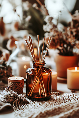 JPG 편집이미지 촛불 유리병 조명 실내 따뜻함 사람없음 인테리어 갈색 막대기 향기 감성 디퓨저 편집실사 AI포토 AI콘텐츠 디자인 컬러 컨셉 초 병_용기 내부 CG 냄새 파일형식