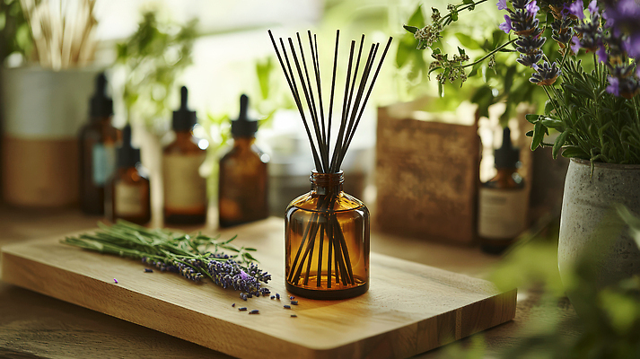 JPG 편집이미지 탁자 유리병 실내 사람없음 갈색 막대기 향기 감성 라벤더 나무도마 디퓨저 라벤더오일 편집실사 AI포토 AI콘텐츠 꽃 컬러 가구 컨셉 병_용기 도마 내부 목재 오일_화장품 허브 CG 냄새 파일형식