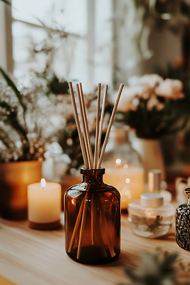 JPG 편집이미지 촛불 창문 탁자 유리병 실내 따뜻함 사람없음 빛 갈색 막대기 향기 감성 디퓨저 뷰티풀 편집실사 AI포토 AI콘텐츠 컬러 가구 컨셉 초 병_용기 내부 CG 냄새 파일형식