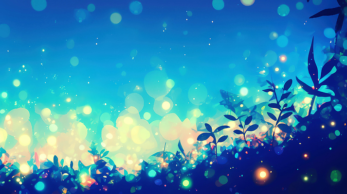 JPG 잎 야경 일러스트 자연 하늘 생명 사람없음 파란색 빛 반짝임 숲속 신비 보케 반딧불이 몽환 국내일러스트 AI일러스트 AI콘텐츠 식물 컬러 곤충 컨셉 모션 야간 숲 생태계 파일형식 풍경_경치
