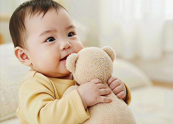 JPG 편집이미지 행복 놀이 사랑 한명 웃음 들기 장난감 귀여움 곰인형 육아 아기 포근함 부드러움 의료성형뷰티 편집실사 AI인물포토 AI콘텐츠 1 감정 인형 컨셉 모션 표정 사람 감각 CG 파일형식 AI포토