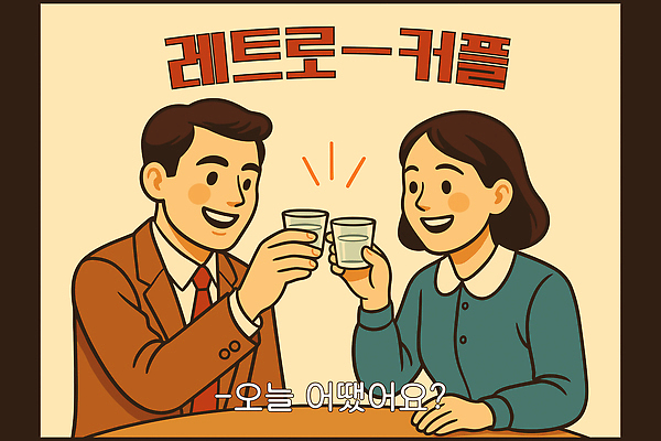 커플 여자 남자 음료 일러스트 잔 대화 미소 들기 정장 상반신 성인 두명 축하 시간 빈티지 즐거움 건배 복고 소주잔 국내일러스트 AI파일 식기 옷 감정 컨셉 술잔 관계 모션 표정 말하기 사람 소주 파일형식 벡터