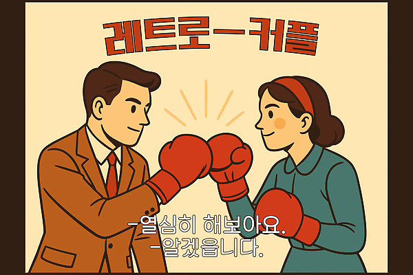 커플 여자 남자 일러스트 미소 정장 상반신 성인 두명 힘 경쟁 권투 머리띠 빈티지 권투글러브 수비 공격 충돌 준비 복고 열정 상대 국내일러스트 AI파일 옷 감정 컨셉 장신구 관계 모션 표정 사람 격투기 글러브 파일형식 벡터