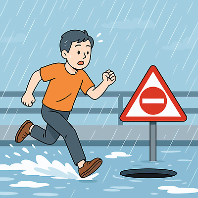 전신 남자 이동 일러스트 거리 경고 한명 물 달리기 젖음 금지 표지판 구멍 비 급류 미끄러짐 홍수 예방 신호 폭우 긴급상황 맨홀구멍 국내일러스트 AI파일 자연요소 1 컨셉 모션 날씨 알림판 사람 긴급 자연재해 파일형식 벡터