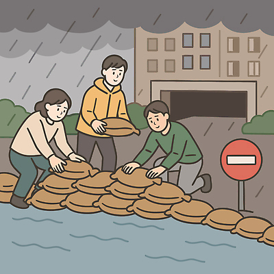 전신 여자 남자 일러스트 아파트 들기 안전 세명 물 강 쌓기 금지 표지판 비 보호 홍수 먹구름 예방 폭우 태풍 긴급상황 모래주머니 국내일러스트 AI파일 자연요소 컨셉 모션 날씨 주택 알림판 사람 긴급 자연재해 파일형식 벡터 구름_자연