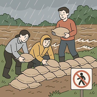 전신 여자 남자 길 일러스트 협력 경고 들기 안전 세명 물 농경지 쌓기 금지 표지판 비 위험 홍수 예방 노력 폭우 긴급상황 방어벽 지원 국내일러스트 AI파일 자연요소 컨셉 모션 날씨 알림판 사람 농장 긴급 자연재해 파일형식 벡터