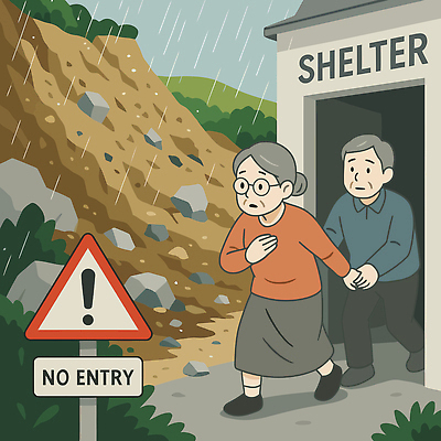 전신 여자 노년 남자 이동 일러스트 산 실내 경고 안전 두명 계곡 노부부 텔레비전 금지 뉴스 보호 위험 홍수 예방 폭우 긴급상황 산사태 주의표지판 국내일러스트 AI파일 부부 컨셉 사람 성인 내부 전자제품 긴급 표지판 자연재해 파일형식 벡터