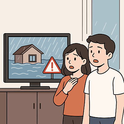 여자 남자 일러스트 주택 경고 안전 사람 두명 물 텔레비전 놀람 방 잠김 일기예보 홍수 걱정 예방 방송 긴급상황 주의표지판 국내일러스트 AI파일 자연요소 감정 표정 건물 전자제품 긴급 표지판 자연재해 파일형식 벡터