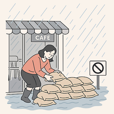 전신 여자 일러스트 거리 바닥 한명 안전 물 노란색 카페 홍수 예방 긴급상황 모래주머니 국내일러스트 AI파일 자연요소 1 컬러 사람 상점 긴급 자연재해 파일형식 벡터