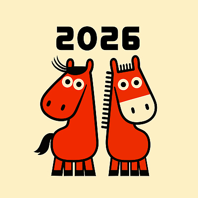 문화 두마리 일러스트 새해 사람없음 빨간색 귀여움 모던 말띠 2026년 일러캐릭터 병오년 붉은말 붉은말캐릭터 AI파일 캐릭터 컬러 컨셉 2 십이지신 말_동물 연도 말캐릭터 파일형식 벡터