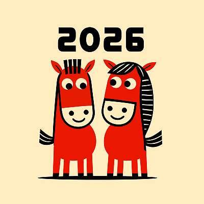 두마리 일러스트 새해 사람없음 빨간색 귀여움 말띠 2026년 일러캐릭터 병오년 붉은말 붉은말캐릭터 AI파일 캐릭터 컬러 컨셉 2 십이지신 말_동물 연도 말캐릭터 파일형식 벡터