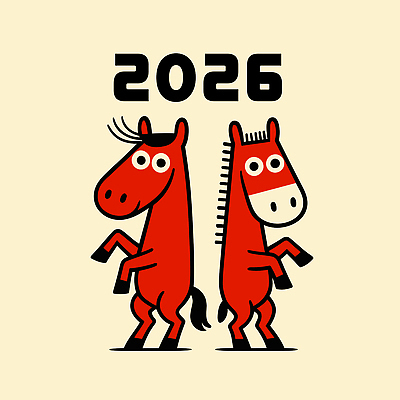 두마리 일러스트 새해 서기 사람없음 빨간색 귀여움 즐거움 말띠 2026년 일러캐릭터 병오년 붉은말 붉은말캐릭터 AI파일 캐릭터 감정 컬러 컨셉 2 모션 십이지신 말_동물 연도 말캐릭터 파일형식 벡터