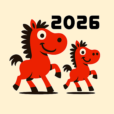 두마리 일러스트 새해 사람없음 빨간색 귀여움 즐거움 말띠 2026년 일러캐릭터 병오년 붉은말 붉은말캐릭터 AI파일 캐릭터 감정 컬러 컨셉 2 십이지신 말_동물 연도 말캐릭터 파일형식 벡터