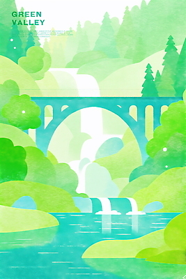 PSD 나무 일러스트 자연 수채화 산 물줄기 사람없음 초록색 평화 계곡 고요 여름풍경 폭포 바위 개울 싱그러움 아치교 푸른숲 산림욕 국내일러스트 식물 컬러 컨셉 풍경 물 강 돌_바위 다리_건축물 숲 생태계 파일형식 여름_계절