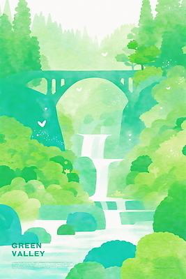 PSD 나무 일러스트 자연 수채화 물줄기 풍경 사람없음 초록색 여름 계곡 고요 여름풍경 폭포 흐름 바위 다리 개울 숲속 힐링 녹지 싱그러움 아치교 푸른숲 국내일러스트 식물 계절 컬러 컨셉 신체부위 물 강 돌_바위 다리_건축물 숲 생태계 파일형식 여름_계절