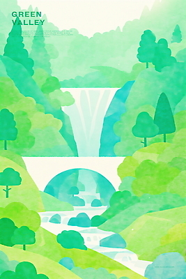 PSD 나무 일러스트 자연 수채화 물줄기 사람없음 초록색 평화 계곡 고요 여름풍경 폭포 흐름 바위 개울 싱그러움 아치교 푸른숲 국내일러스트 식물 컬러 컨셉 풍경 물 강 돌_바위 다리_건축물 숲 생태계 파일형식 여름_계절