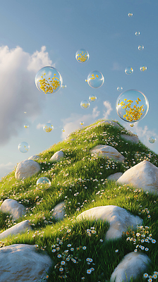 JPG 구름 편집이미지 꽃밭 자연 하늘 풍경 잔디 초원 사람없음 햇빛 평화 맑음 돌_바위 비눗방울 언덕 편집실사 AI포토 AI콘텐츠 자연요소 식물 꽃 컨셉 날씨 태양 CG 생태계 파일형식