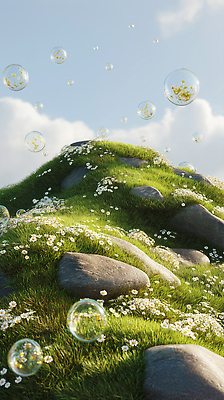 JPG 구름 편집이미지 꽃밭 자연 하늘 풍경 잔디 초원 사람없음 여름 햇빛 평화 맑음 돌_바위 비눗방울 언덕 편집실사 AI컴퓨터그래픽 AI콘텐츠 자연요소 식물 계절 꽃 컨셉 날씨 태양 CG 생태계 파일형식