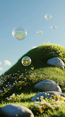 JPG 구름 편집이미지 꽃밭 자연 하늘 풍경 잔디 초원 사람없음 초록색 햇빛 평화 맑음 돌_바위 비눗방울 언덕 편집실사 AI컴퓨터그래픽 AI콘텐츠 자연요소 식물 꽃 컬러 컨셉 날씨 태양 CG 생태계 파일형식