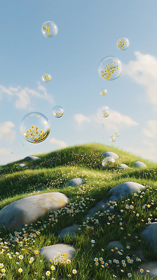 JPG 구름 편집이미지 꽃밭 자연 하늘 풍경 잔디 초원 사람없음 햇빛 맑음 돌_바위 비눗방울 언덕 편집실사 AI컴퓨터그래픽 AI콘텐츠 자연요소 식물 꽃 날씨 태양 CG 생태계 파일형식