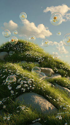 JPG 구름 편집이미지 꽃밭 자연 하늘 풍경 잔디 초원 사람없음 햇빛 평화 맑음 돌_바위 비눗방울 언덕 편집실사 AI컴퓨터그래픽 AI콘텐츠 자연요소 식물 꽃 컨셉 날씨 태양 CG 생태계 파일형식