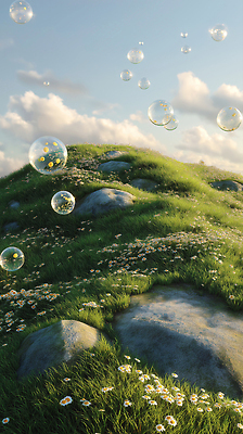 JPG 구름 편집이미지 꽃밭 자연 하늘 풍경 잔디 초원 사람없음 햇빛 평화 맑음 돌_바위 비눗방울 언덕 편집실사 AI컴퓨터그래픽 AI콘텐츠 자연요소 식물 꽃 컨셉 날씨 태양 CG 생태계 파일형식