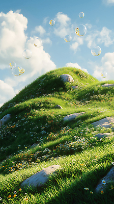 JPG 구름 편집이미지 꽃밭 자연 하늘 풍경 잔디 초원 사람없음 햇빛 평화 맑음 돌_바위 비눗방울 언덕 편집실사 AI컴퓨터그래픽 AI콘텐츠 자연요소 식물 꽃 컨셉 날씨 태양 CG 생태계 파일형식