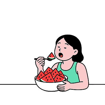 그릇 여자 포크 다이어트 일러스트 한명 들기 상반신 성인 건강관리 눈감음 먹기 수박조각 성인여자한명만 식단관리 국내일러스트 AI파일 1 식기 조각 모션 수박 건강 관리 사람 여자한명만 성인여자만 파일형식 벡터