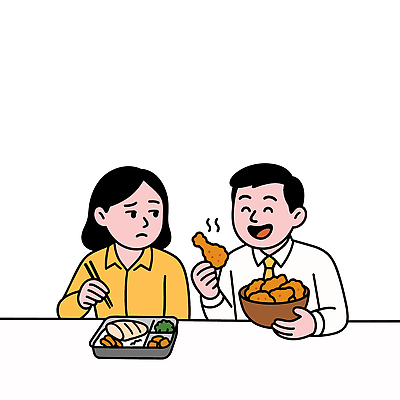 그릇 여자 남자 다이어트 일러스트 젓가락 들기 상반신 성인 두명 치킨 샐러드 유혹 도시락 닭가슴살 식단관리 국내일러스트 AI파일 식기 음식 컨셉 모션 수저 건강 사람 닭고기 닭고기요리 파일형식 벡터