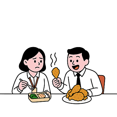 접시 여자 남자 포크 다이어트 일러스트 들기 상반신 성인 두명 치킨 샐러드 유혹 고민 도시락 닭가슴살 식단관리 국내일러스트 AI파일 식기 감정 음식 컨셉 모션 건강 사람 닭고기 닭고기요리 파일형식 벡터