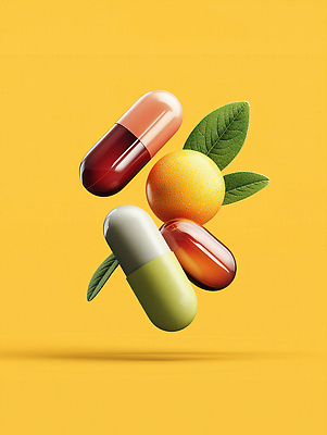 JPG 편집이미지 잎 다이어트 과일 사람없음 알약 노란색 건강관리 영양 광택 건강식품 비타민 영양제 편집3D AI컴퓨터그래픽 AI콘텐츠 식물 음식 컬러 건강 관리 약 3D 영양소 파일형식