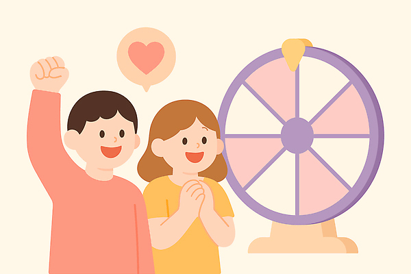 여자 남자 행복 말풍선 일러스트 웃음 이벤트 상반신 두명 손들기 게임 하트 행운 손모으기 룰렛 돌림판 국내일러스트 AI파일 모양 감정 컨셉 모션 놀이 표정 사람 손짓 파일형식 벡터