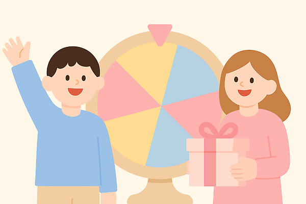 여자 남자 일러스트 웃음 들기 상반신 두명 선물상자 손들기 기쁨 게임 행운 즐거움 룰렛 돌림판 국내일러스트 AI파일 감정 컨셉 모션 놀이 표정 선물 사람 상자 파일형식 벡터