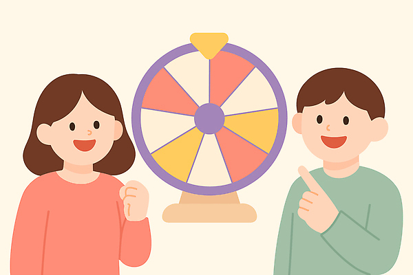 여자 남자 일러스트 이벤트 상반신 두명 손들기 게임 가리킴 행운 즐거움 룰렛 돌림판 국내일러스트 AI파일 감정 컨셉 모션 놀이 사람 손짓 파일형식 벡터