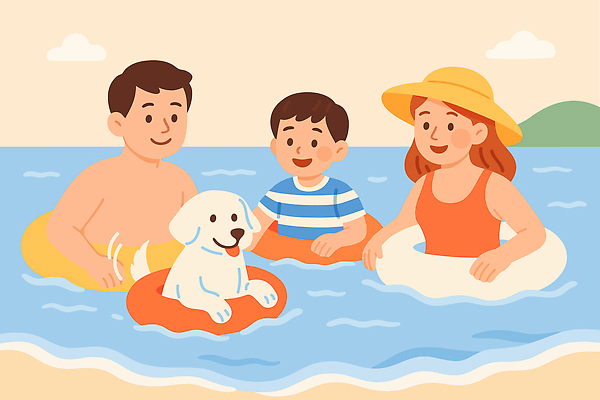 여자 남자 행복 반려견 어린이 일러스트 가족 자연 물놀이 가족여행 함께함 웃음 상반신 해변 일상 세명 여름휴가 모래사장 수영 강아지 즐거움 챙모자 펫팸족 국내일러스트 펫캉스 AI파일 모자_잡화 감정 바다 여행 컨셉 관계 놀이 휴가 표정 사람 라이프 바캉스 반려동물 수상스포츠 개 생태계 신조어 파일형식 벡터 여름_계절