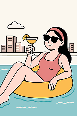 전신 여자 수영복 여유 일러스트 휴가 휴식 수영장 한명 미소 들기 풍경 빌딩 여름 선글라스 수영 도시 머리띠 칵테일 즐거움 힐링 튜브 스트레스해소 해소 혼자 국내일러스트 AI파일 1 옷 계절 감정 안경 컨셉 장신구 모션 주류 표정 사람 건물 수상스포츠 파일형식 벡터