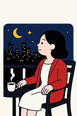 여자 야경 의자 일러스트 창문 탁자 밤하늘 휴식 한명 미소 앉기 반짝임 감상 달 도시 분위기 저녁 편안함 커피잔 힐링 창밖 스트레스해소 해소 혼자 국내일러스트 AI파일 자연요소 1 커피 가구 컨셉 모션 하늘 잔 표정 사람 감각 야간 파일형식 벡터 풍경_경치