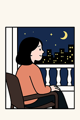 여자 여유 생각 야경 의자 일러스트 창문 난간 밤하늘 휴식 한명 미소 앉기 반짝임 감상 발코니 달 도시 편안함 힐링 스트레스해소 해소 혼자 국내일러스트 AI파일 자연요소 1 감정 가구 컨셉 모션 하늘 표정 사람 감각 야간 파일형식 벡터 풍경_경치