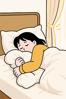 전신 여자 일러스트 베개 안기 휴식 한명 침실 이불 침대 커튼 포근함 편안함 즐거움 힐링 숙면 스트레스해소 해소 혼자 국내일러스트 수면_잠 AI파일 1 감정 가구 컨셉 침구 모션 사람 잠 감각 파일형식 벡터