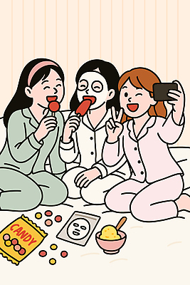 전신 여자 여유 분홍색 일러스트 아이스크림 사탕 웃음 들기 일상 세명 친구 스마트폰 잠옷 모임 무릎꿇기 편안함 셀프카메라 즐거움 브이 파자마파티 힐링 마스크팩 막대아이스크림 스트레스해소 해소 국내일러스트 AI파일 옷 감정 컬러 컨셉 관계 모션 디저트 표정 사람 손짓 라이프 핸드폰 스마트기기 파티 사진촬영 감각 팩 파일형식 벡터